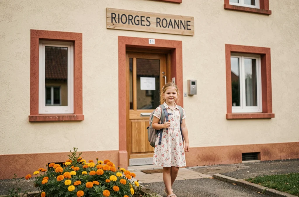 Une écolière et sa mère devant l'entrée de l'École Sainte-Thérèse à Riorges