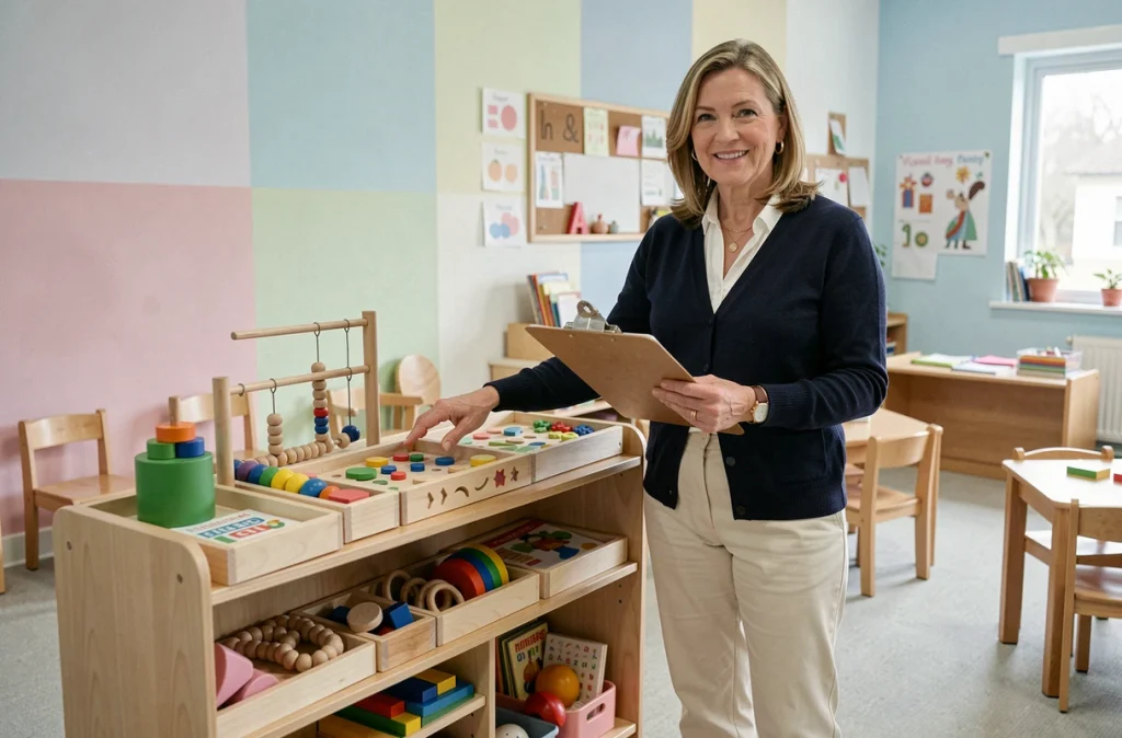 Éducatrice Montessori présentant les matériaux pédagogiques en classe pour illustrer les coûts d'une école Montessori
