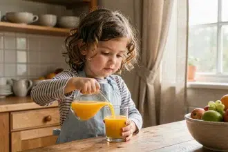 Petite fille de 7 ans versant du jus d'orange seule dans la cuisine, illustrant l'autonomie des enfants au quotidien