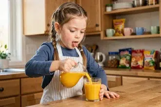Petite fille versant du jus d'orange seule dans une cuisine familiale, favorisant son autonomie au quotidien