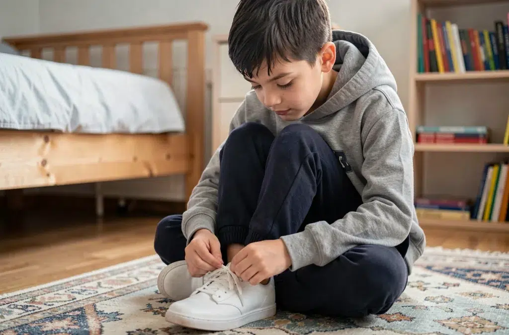 Garçon de 9 ans apprenant à lacer ses chaussures seul dans sa chambre, symbole d'autonomie enfantine