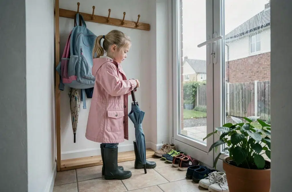 Fillette de 6 ans rangeant seule son sac et son parapluie dans l'entrée après l'école, geste d'autonomie au quotidien