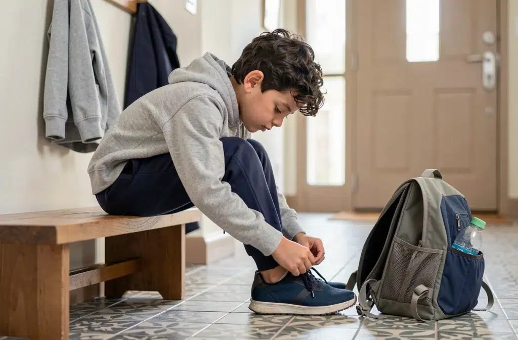 Garçon attachant ses lacets seul dans l'entrée de la maison, apprentissage de l'autonomie pour les enfants