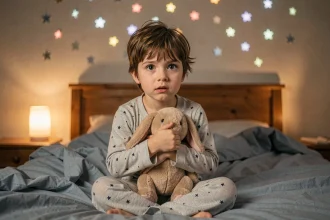 Jeune garçon en pyjama assis dans son lit la nuit, tenant un doudou, illustrant la peur du noir chez l'enfant