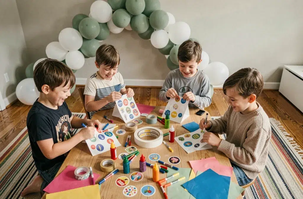 Groupe d'enfants faisant des activités manuelles ensemble lors d'un anniversaire simple à la maison