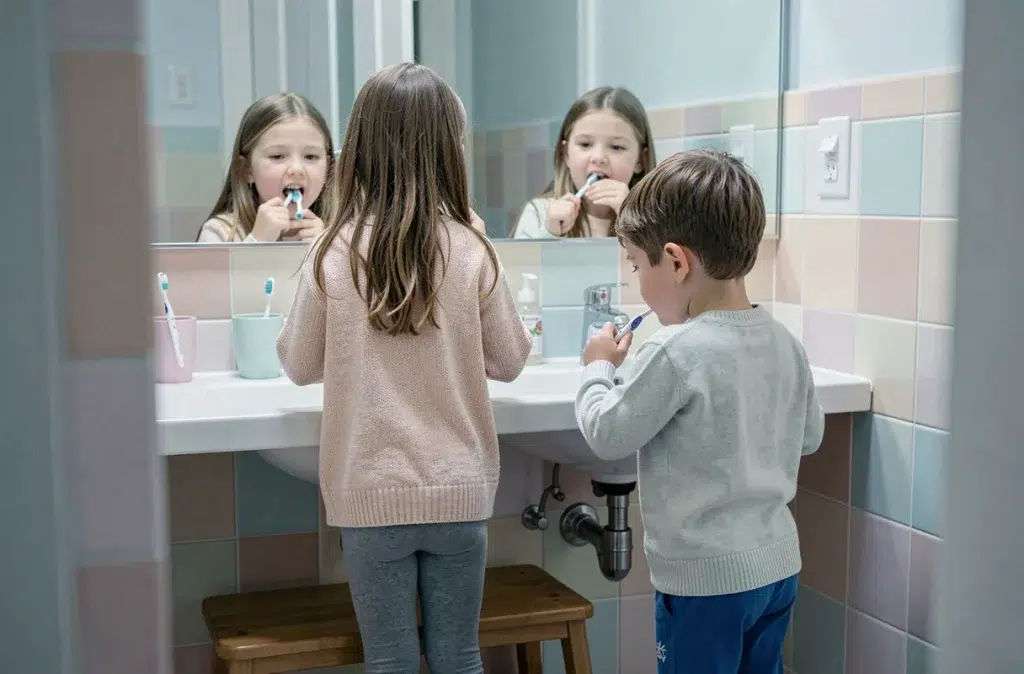 Deux enfants se brossant les dents seuls dans la salle de bain, routine d'autonomie à la maison