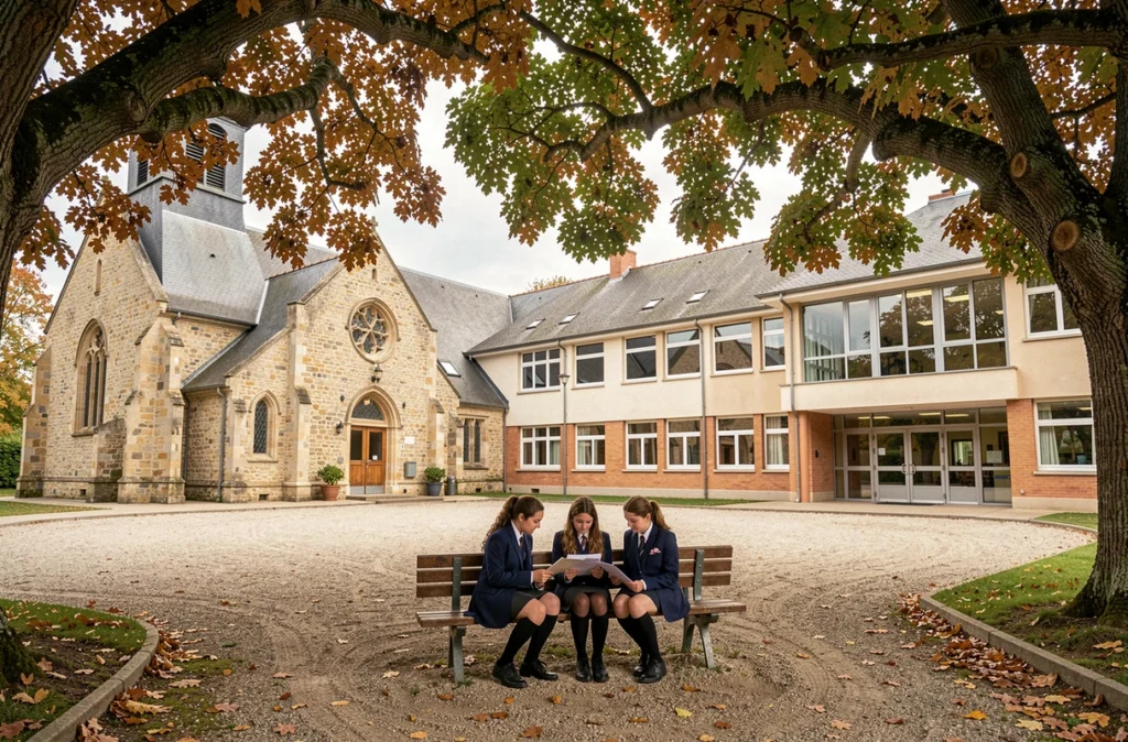 Campus de l'ensemble scolaire Saint-Paul à Montbrison avec élèves devant la chapelle