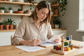 Mère calculant le coût d'une éducation Montessori à domicile avec des documents budgétaires et des jouets en bois sur une table en bois