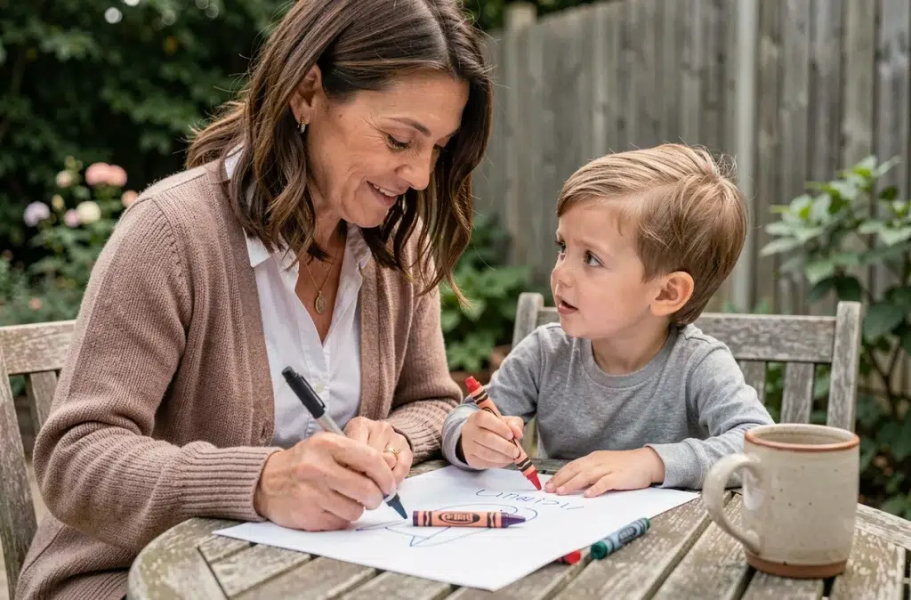Une femme accompagne un enfant de 4 ans dans une activité de dessin et de nomination de mots en plein air pour favoriser l'expression orale