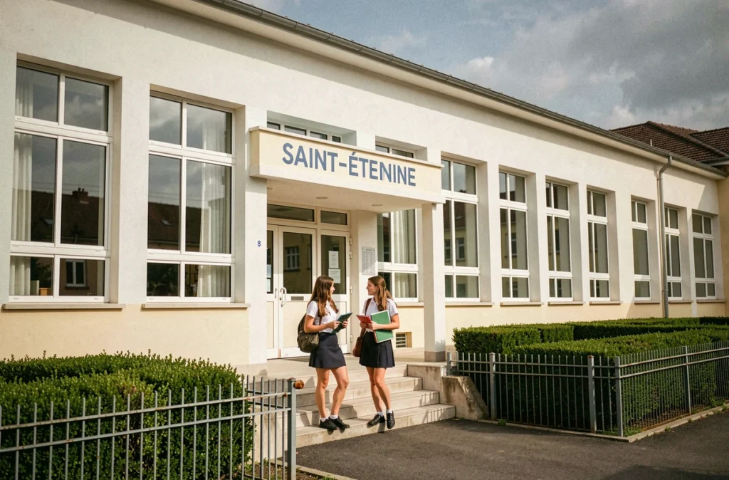 Façade de l'Externat Saint-Michel à Saint-Étienne avec des lycéennes devant l'entrée