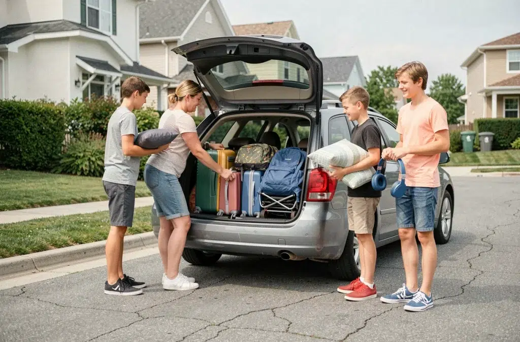 Famille avec enfants chargeant des valises dans une voiture pour partir en vacances depuis leur domicile