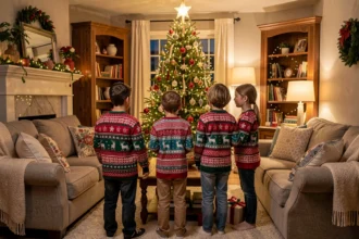 Famille en pulls de Noël assortis devant le sapin