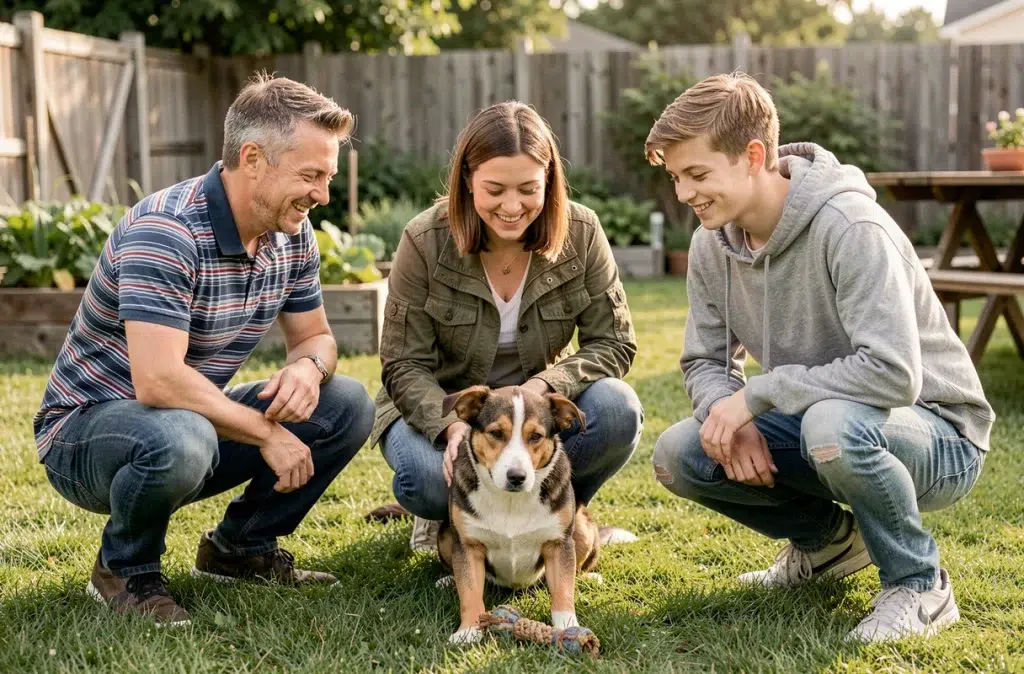 Famille réunie dans un jardin extérieur autour de leur nouveau chien de refuge adoptant, créant les premiers liens en plein air