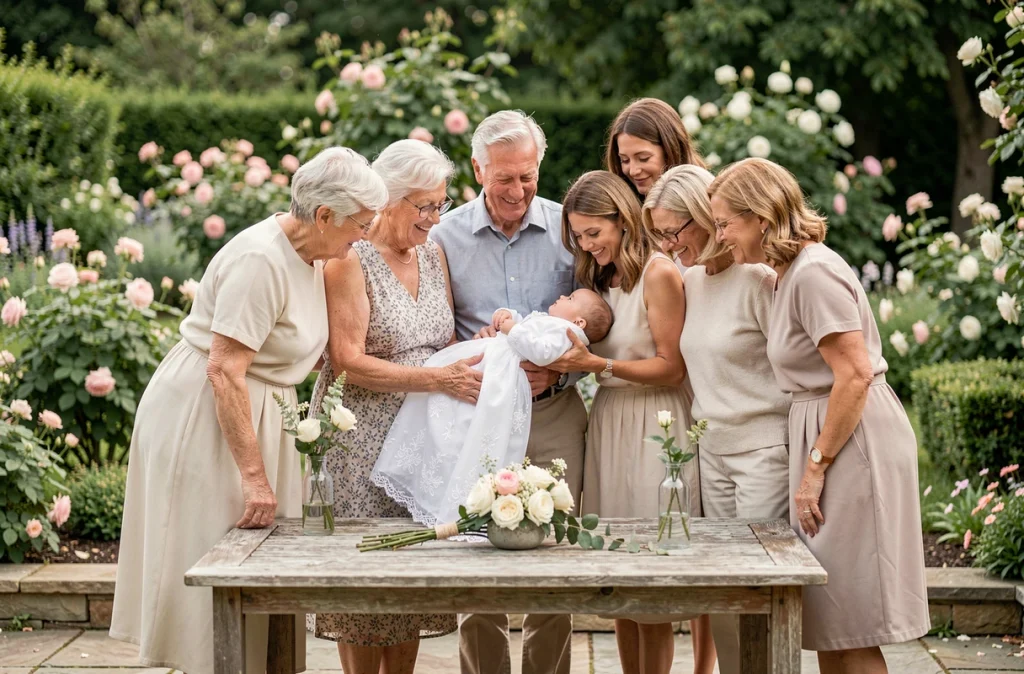 Famille réunie dans un jardin pour célébrer le baptême d'un bébé en robe blanche brodée