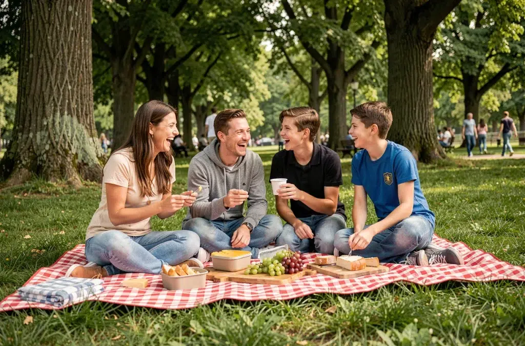 Famille en train de pique-niquer sur une couverture à carreaux dans un parc verdoyant et ombragé