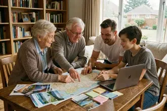 Famille multigénérationnelle planifiant des vacances ensemble autour d'une carte routière et de brochures de voyage sur une table en bois