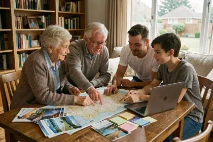 Famille multigénérationnelle planifiant des vacances ensemble autour d'une carte routière et de brochures de voyage sur une table en bois