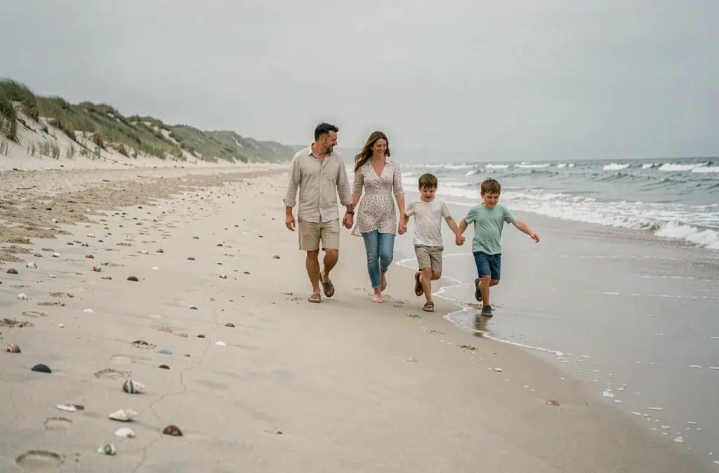 Famille se promenant sur une plage naturelle pendant les vacances d'été, enfants courant vers la mer