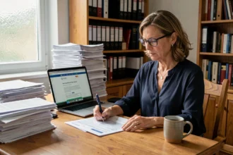 Femme de 40 ans révisant des documents fiscaux à son bureau à domicile, illustrant un changement de situation pour le prélèvement à la source
