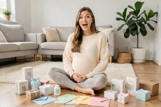 Femme enceinte souriante entourée de cadeaux gratuits grossesse posés sur le sol d'un salon cosy