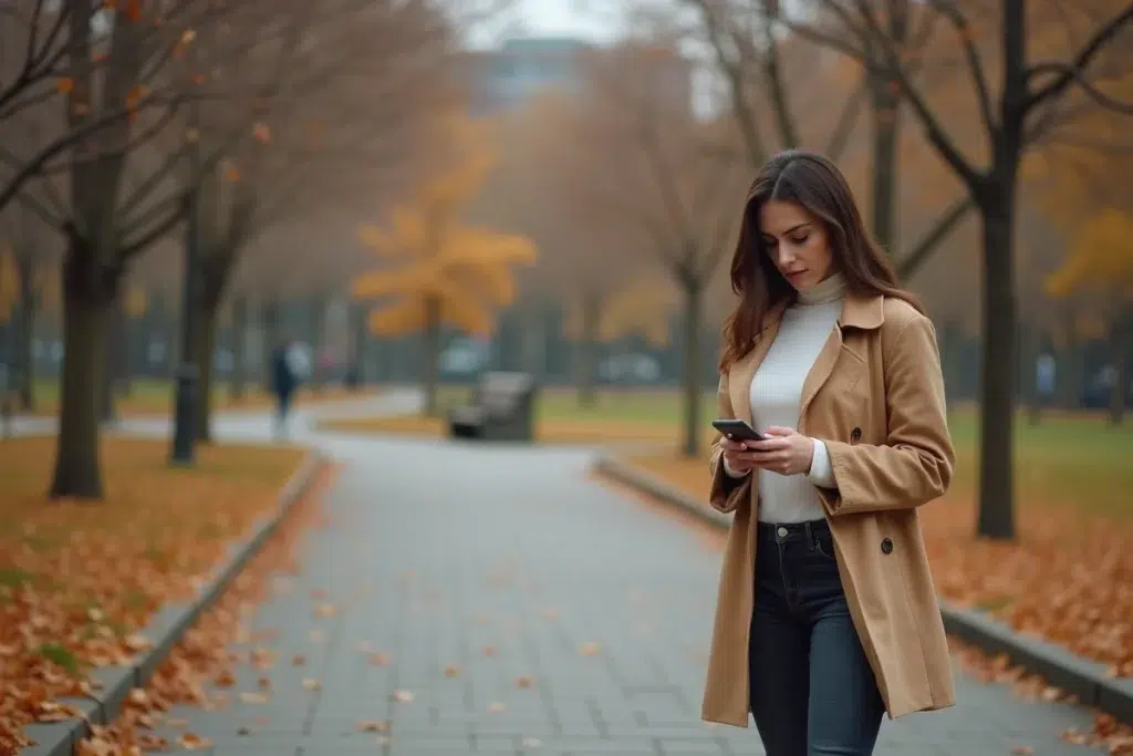 Jeune femme seule dans un parc en automne regardant son téléphone avec anxiété, représentant l'hyper-connexion et la dépendance affective