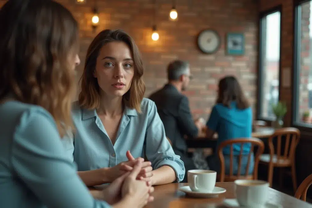 Femme adulte exprimant un besoin émotionnel intense en conversation dans un café, signe de dépendance affective et de dynamique relationnelle déséquilibrée