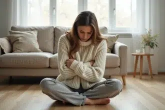 Jeune femme adulte en posture repliée sur elle-même, illustrant les signes de dépendance affective et de comportement de femme enfant