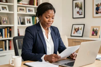 Femme cadre dynamique travaillant depuis son domicile, alliant vie professionnelle et vie de famille