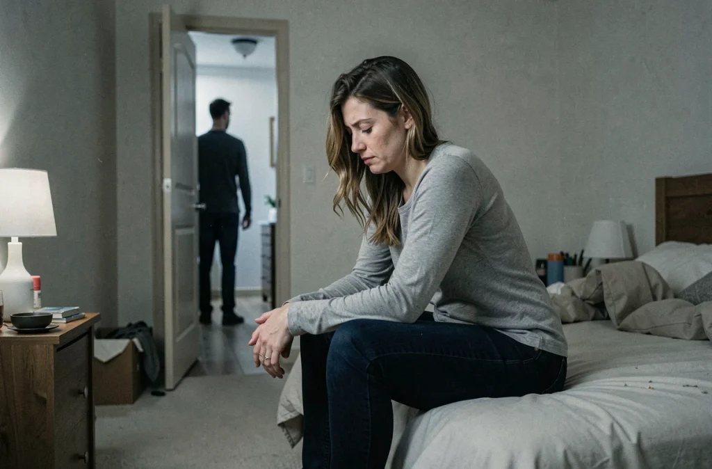 Femme seule sur le bord du lit exprimant l'isolement émotionnel lié au comportement d'un conjoint alcoolique
