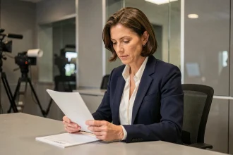 Femme journaliste professionnelle assise dans une loge de studio de télévision, symbolisant la vie privée et la carrière d'une personnalité médiatique