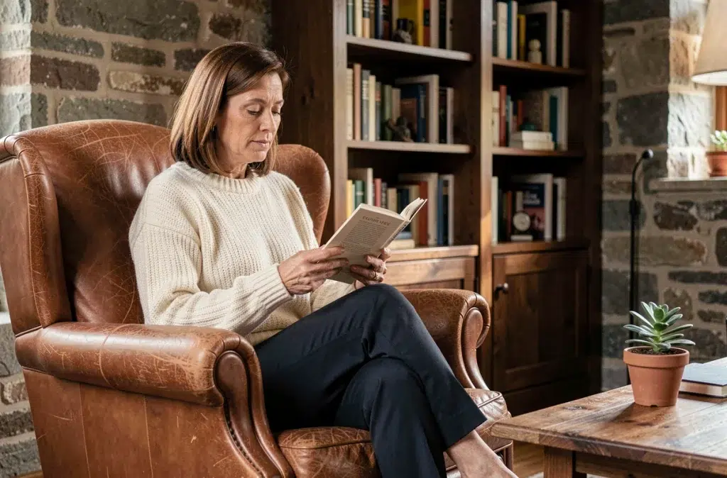 Femme installée confortablement dans un fauteuil en cuir cognac lisant un livre dans un salon rustique avec murs en pierre et bibliothèque en chêne