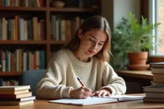 Jeune femme écrivant une liste de prénoms insolites dans un carnet sur un bureau en bois entouré de livres