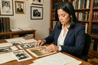 Femme aux origines mixtes explorant des photographies de famille anciennes dans un bureau personnel, illustrant la quête identitaire et les racines familiales