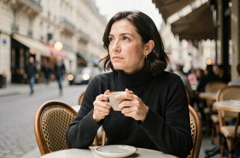 Femme pensive seule à une terrasse de café parisien, évoquant l'intimité et la vie sentimentale d'une figure médiatique française
