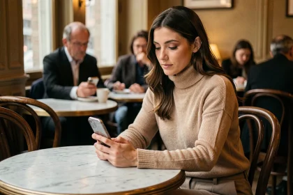 Femme seule dans un café parisien regardant son téléphone avec une expression mélancolique, illustrant les émotions complexes d'une relation amoureuse secrète