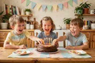 Trois enfants autour d'un gâteau d'anniversaire fait maison lors d'une fête simple à la maison