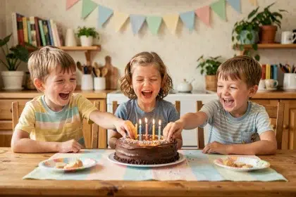 Trois enfants autour d'un gâteau d'anniversaire fait maison lors d'une fête simple à la maison