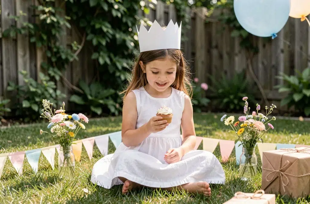 Petite fille avec une couronne en papier assise dans un jardin entouré de décorations d'anniversaire artisanales