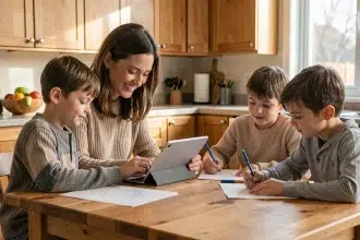 Mère posant une tablette sur la table de cuisine pour passer du temps avec ses enfants qui dessinent, illustrant la gestion équilibrée des écrans en famille