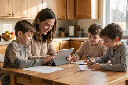 Mère posant une tablette sur la table de cuisine pour passer du temps avec ses enfants qui dessinent, illustrant la gestion équilibrée des écrans en famille