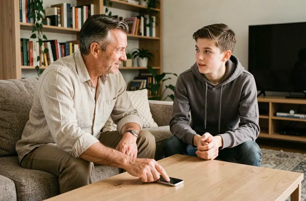 Père posant son smartphone sur la table basse pour converser avec son adolescent dans un salon, symbolisant une gestion consciente du temps d'écran