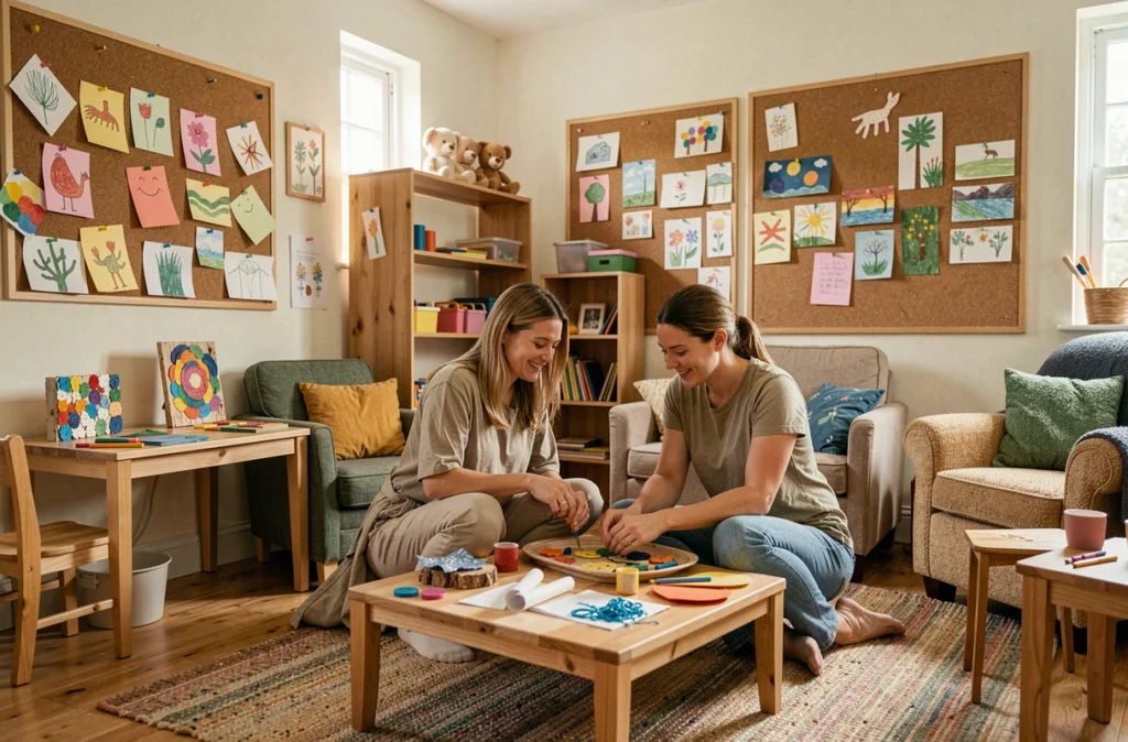Salle commune d'une crèche associative Grandir avec des tableaux d'affichage couverts d'artisanat coloré et deux éducatrices préparant des activités ensemble