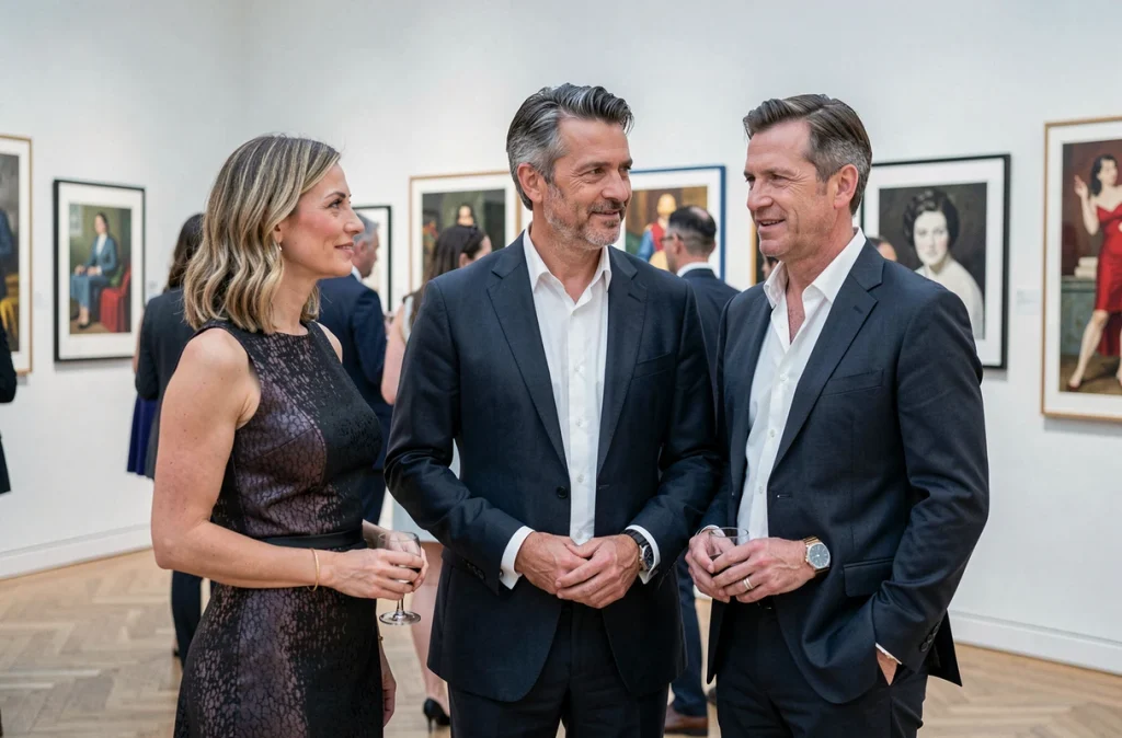 Groupe de trois personnes en tenue de soirée lors d'un événement mondain parisien, illustration des cercles relationnels et sociaux autour de Marie de Villepin