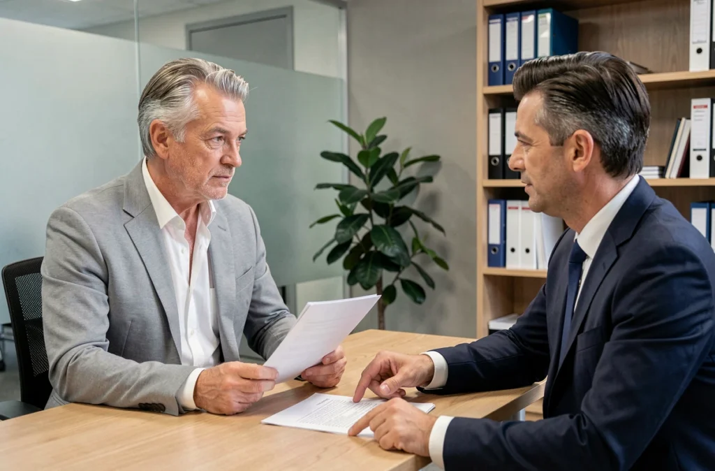 Homme d'affaires consultant un conseiller fiscal dans un bureau professionnel pour modifier son taux de prélèvement à la source