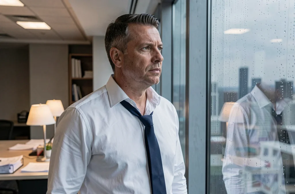 Homme d'affaires pensif debout devant une fenêtre de bureau la nuit, illustrant les questionnements émotionnels et les dilemmes d'une double vie sentimentale