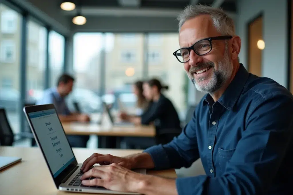 Homme consultant une liste de prénoms insolites sur un ordinateur portable dans un bureau moderne