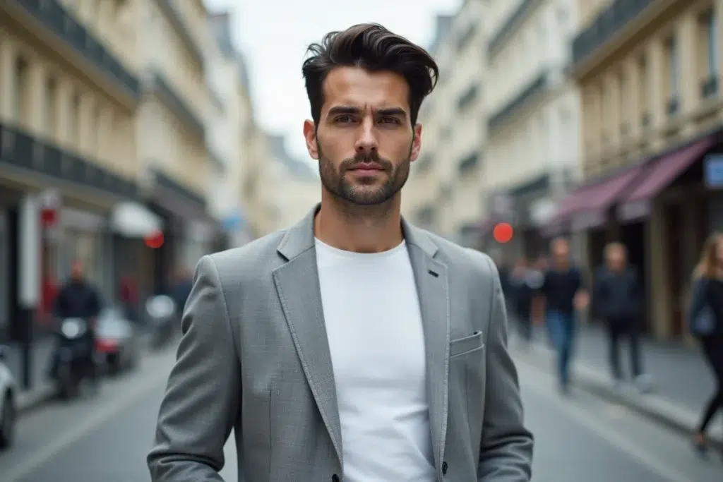 Homme élégant en blazer gris dans une rue parisienne, reflet de la vie parisienne en 2026