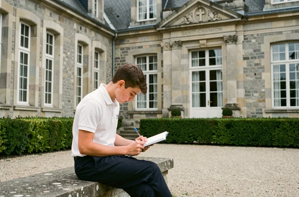 Élève révisant ses notes devant l'Institution Sainte-Marie à Saint-Chamond