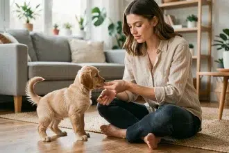 Jeune femme assise sur le sol d'un salon introduisant doucement un chiot golden retriever à son foyer