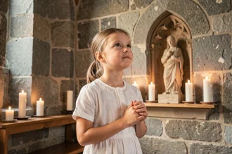 Jeune fille en robe blanche en prière dans une chapelle en pierre avec une statuette de sainte